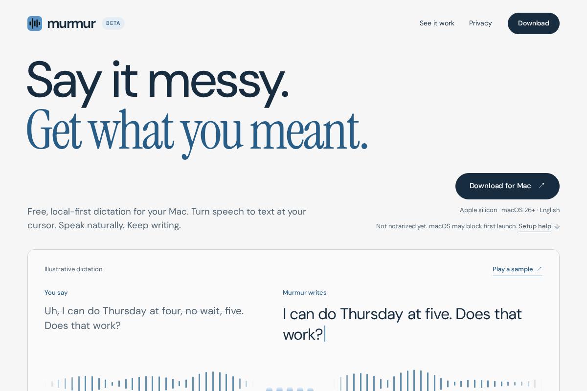 Murmur website with its dictation example, download link and local-first introduction